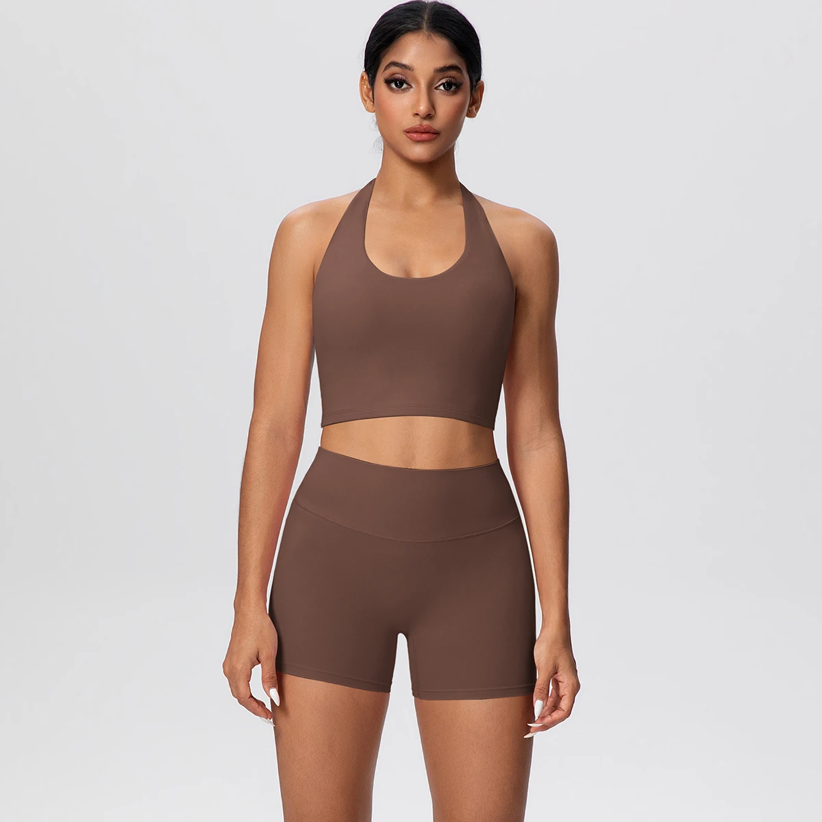 Rooftrellen 2PCS Woman Gym Yoga Set Lifting Buttocks Sports Women's Shorts Solid Color Backless Halter Bra with Chest Pad