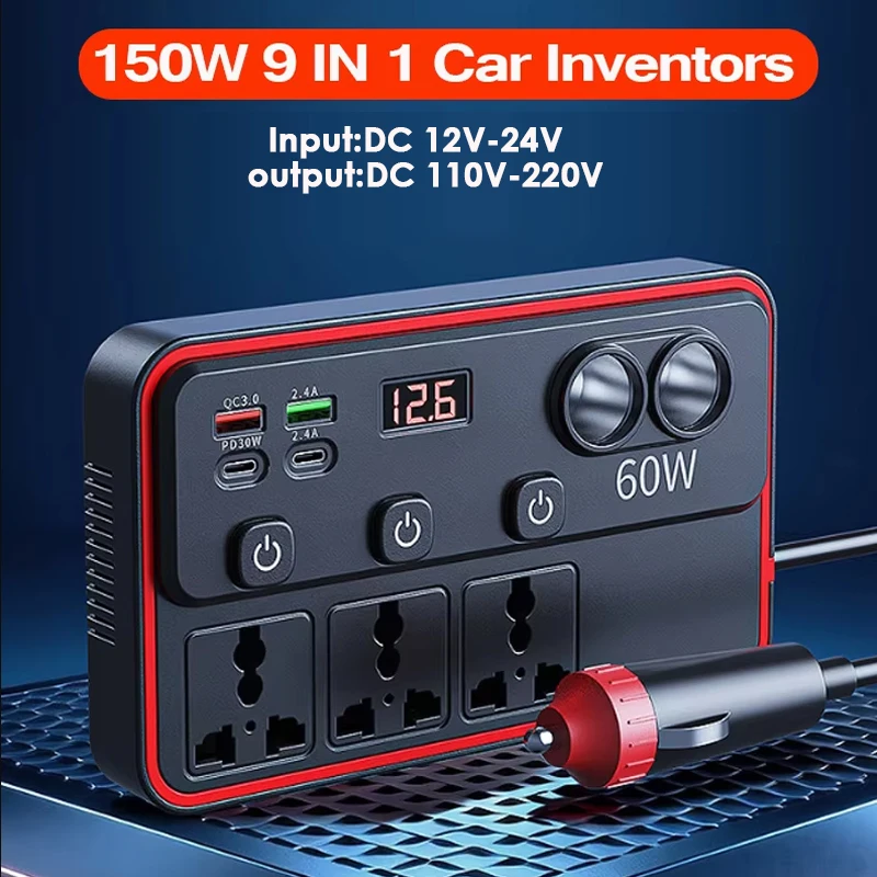 150W Car Power Inverter 12V-24V to AC 110V-220V Conventor,PD & QC3.0 Phone Charger,Dual Cigarette Lighter Port with Voltmeter