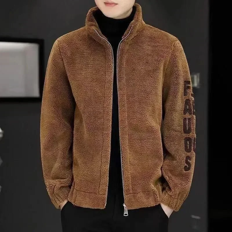 

Autumn and Winter Men Fleece Standing Neck Jacket Men's Embroidered Sweater Leather Wool Lamb Fleece Coat Clothes Top