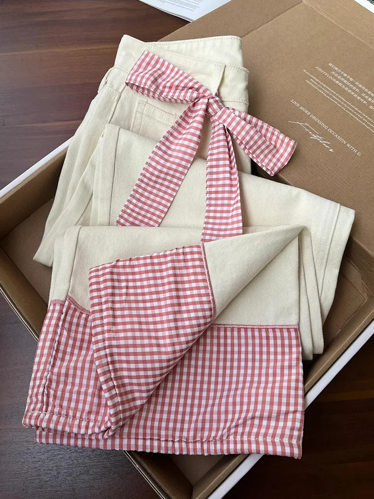 

Клетчатые лоскутные милые джинсы, женские элегантные джинсовые брюки с высокой талией и бантом, осень-зима, свободные повседневные женские модные широкие брюки