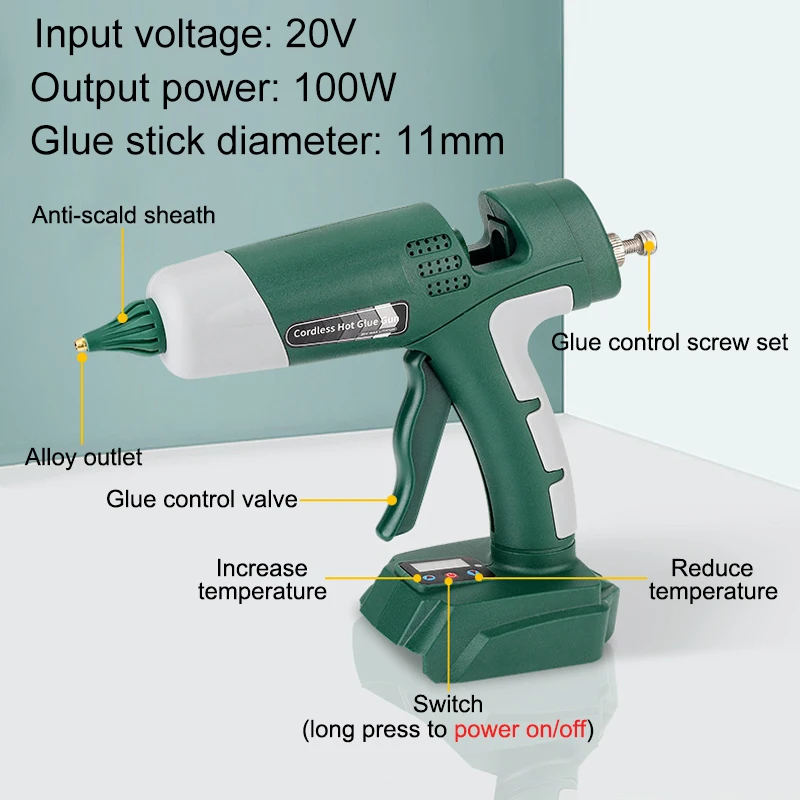 Pistola de pegamento de fusión en caliente inalámbrica, pistola de pegamento con pantalla Digital de 11mm, batería de iones de litio de 18V para