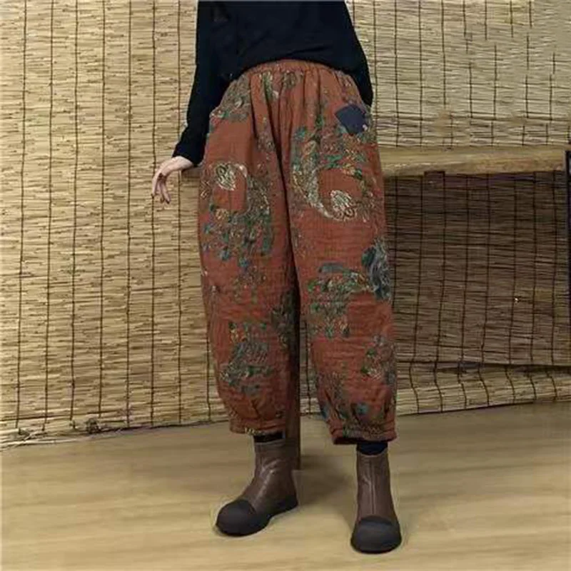 Print Loose Thicken Cotton Lady Ankle-Length Pants Fashion Vintage Casual Lantern Trousers Winter Female Warm Radish Haren Pants