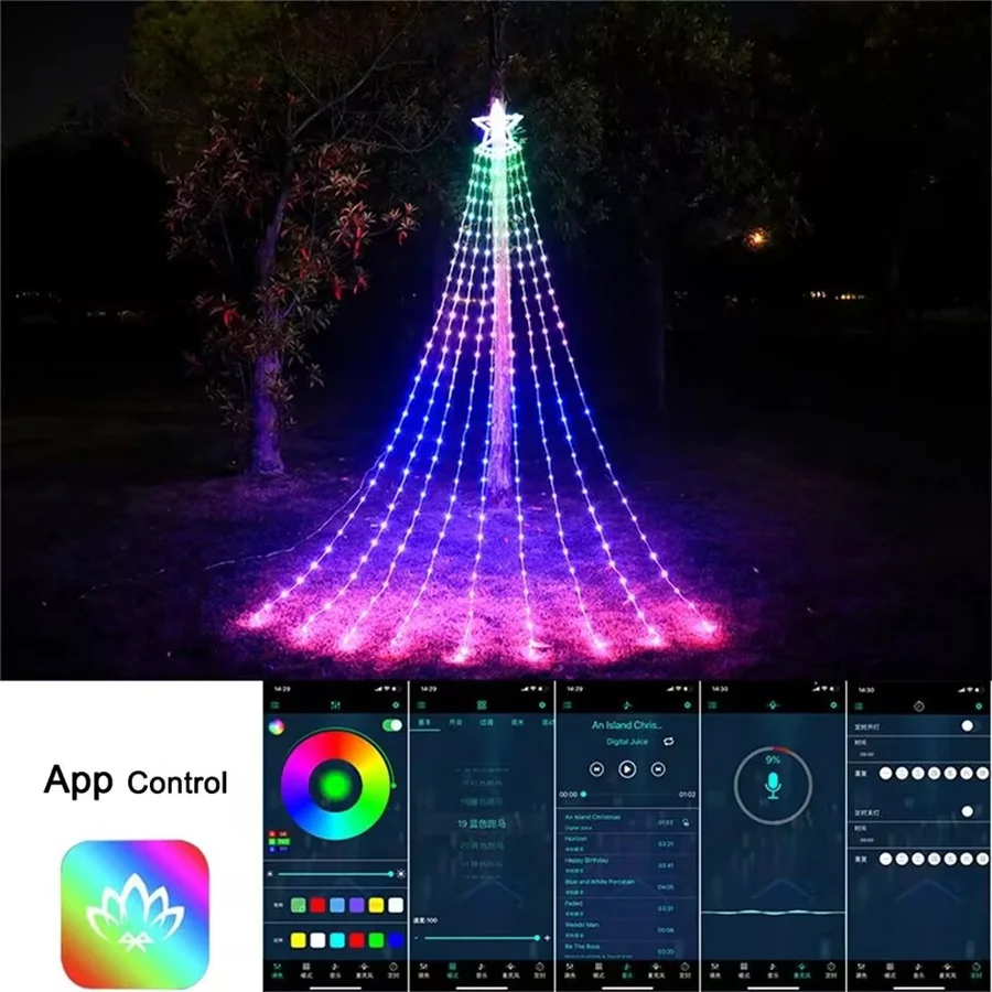 Rgb Led Stars Waterval Kerstverlichting Outdoor Smart App Control Kerst Slingers Lichtslingers Voor Tuinfeest Nieuwjaarsdecor