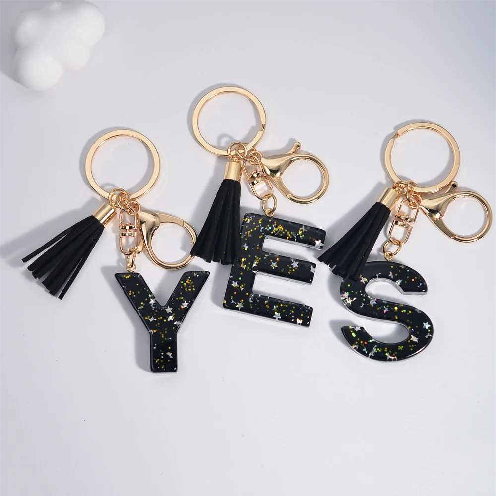 Black Initials A-Z Keychain Glitter Star Sequins Resin Letters Keyring With Tassel For Women Bag Ornaments Charm Car Key Holder