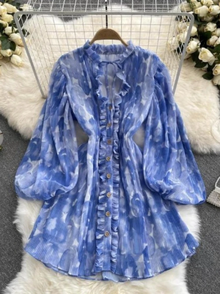 Beach Summer Vintage Printed Dress for Women New Bubble Sleeves Slim Wooden Ear Lace Up A Line Boho Short Dress