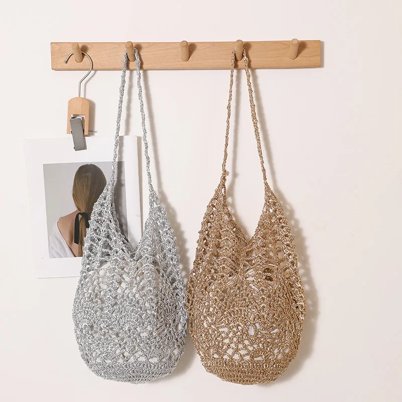 Fashion Metallic Thread Woven Bags for Women New Large Capacity Hollow Out Casual Tote Bags Summer Chic Beach Shoulder Bag