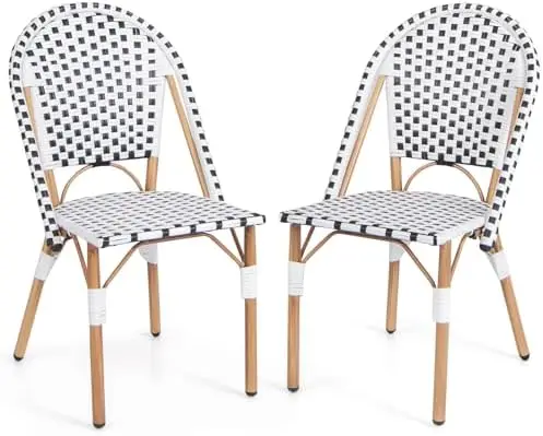 French Bistro Chair Set of 2, Outdoor Armless Dining Chairs with Hand-Woven Rattan, Accent Chairs with Galvanized Metal