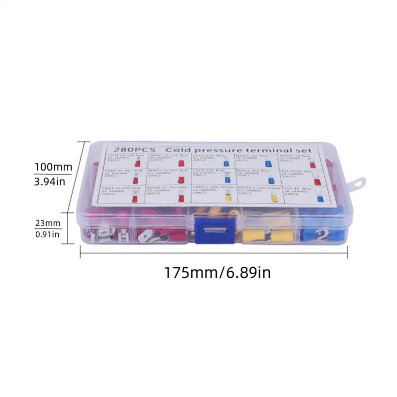 280pcs Strong Copper Barrel Insulated Spade Crimp Electrical Connectors Lug Kit with Box Red Blue Yellow Ring Wire Connectors