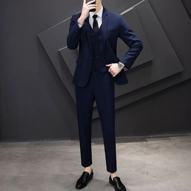 Mens Suits (blazer+vest+pants) Fashion Business Casual Hosts The Korean Version of Slim Gentleman Wedding Work Suit Size M-8XL