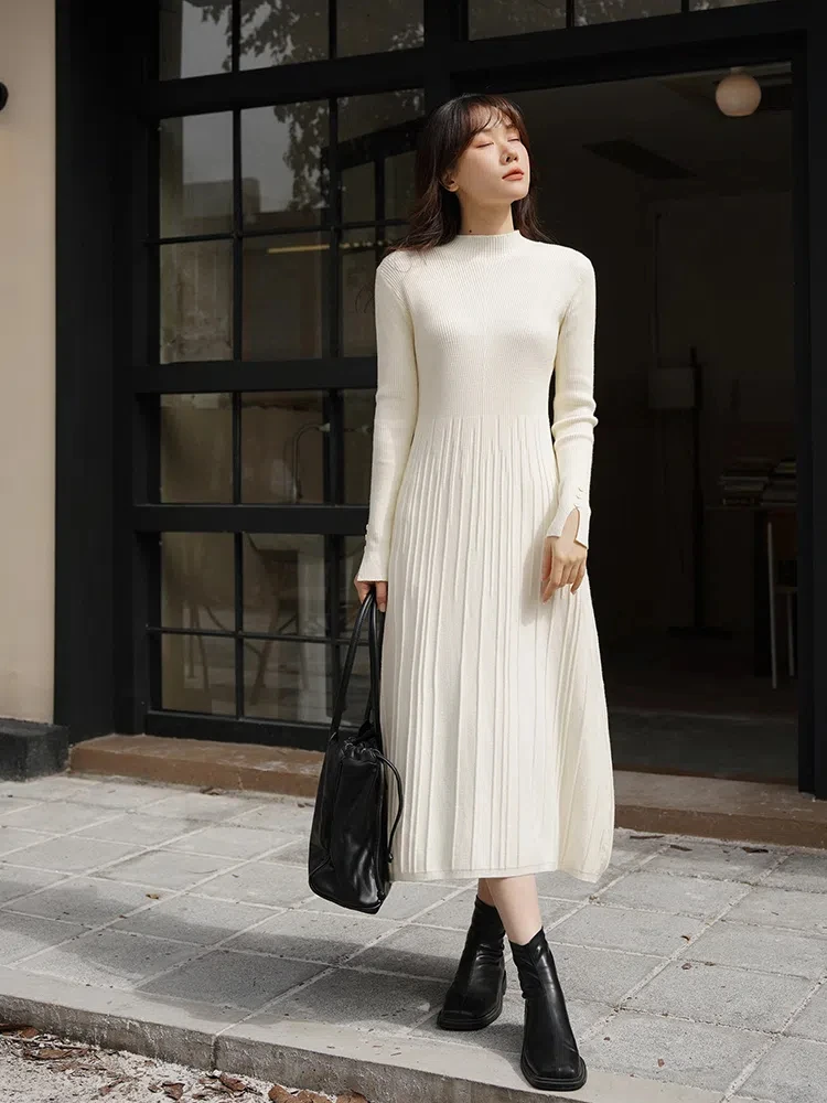 Beige Sweater Long Dress Woman Clothes Casual Autumn Winter Black Knitted Korean Slim Long Sleeve Elegant Sweet Red Dress Simple