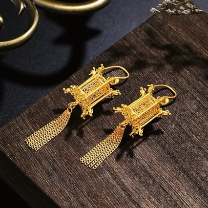 

AU999 24K Gold Tasseled Lantern Earrings | Micro - carved vine patterns, diamond accents, tiered tassels, stylish & traditional