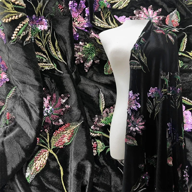 

1yard Luxury Velvet flower sequin embroidery fabrics cheongsam wedding dress accessories fabric for material