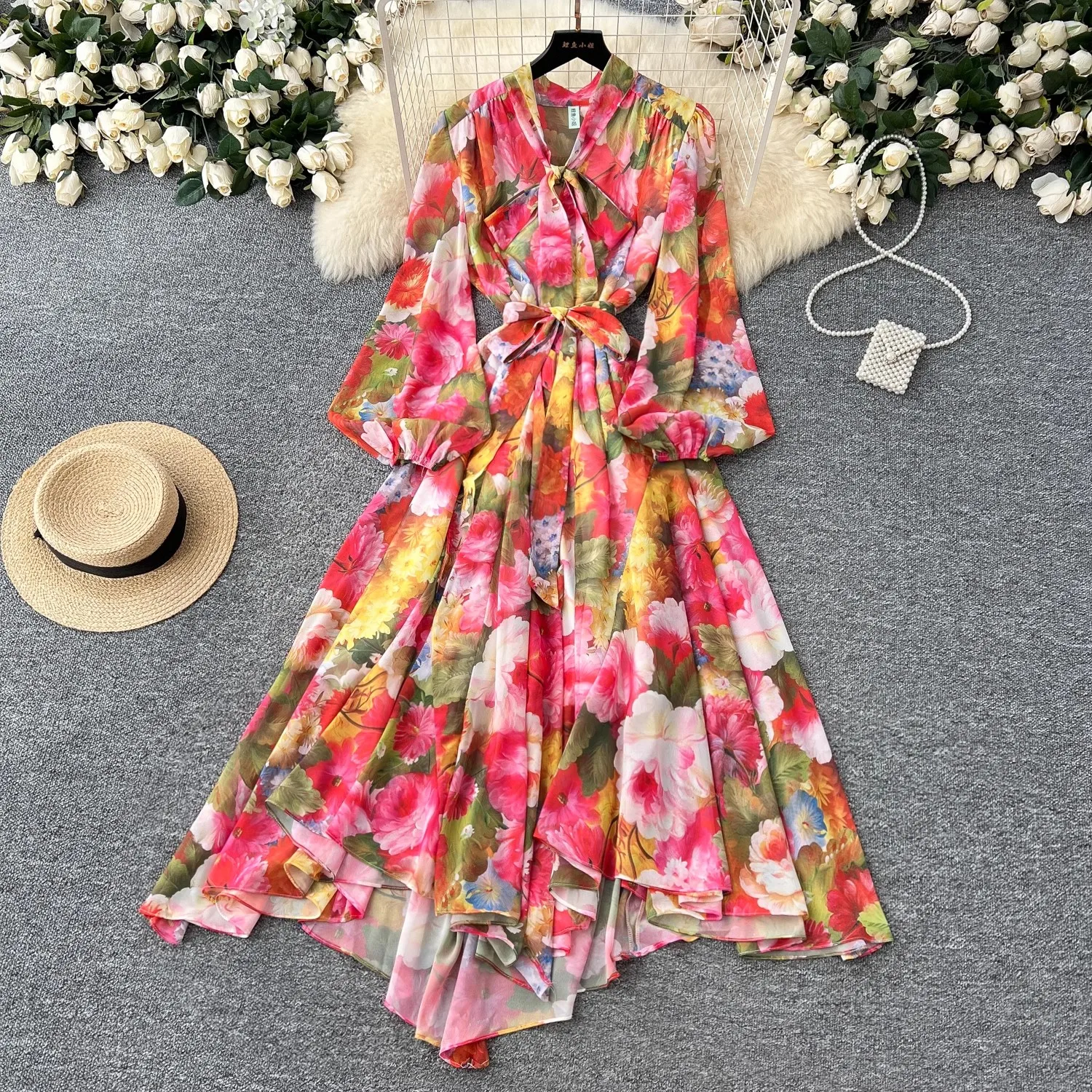 Vestido bohemio de verano con flores para mujer, vestido de vacaciones con lazo y manga larga acampanada, fajas con estampado Floral, bata para fiesta de graduación