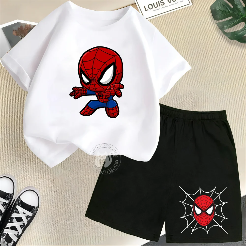 

Футболка Miniso «Человек-паук», хлопковая спортивная футболка с короткими рукавами + шорты, летний модный комплект с круглым вырезом и короткими рукавами для мальчиков и девочек
