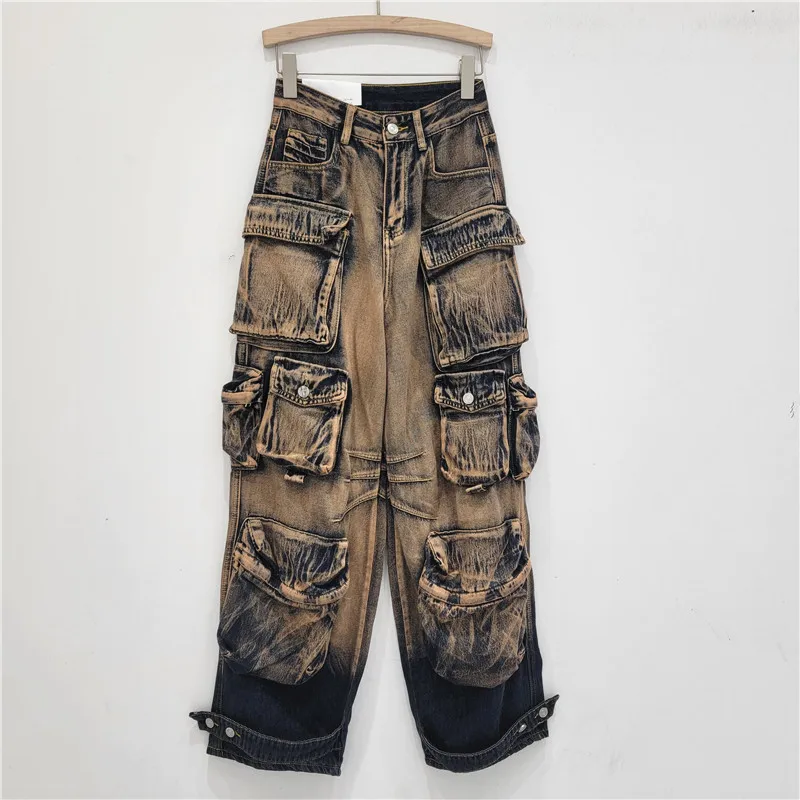 Jean Cargo de loisirs multi-poches pour femmes, gris, noir, taille haute, ample et assorti avec tout, pantalon droit noué à la cheville, nouvelle collection printemps