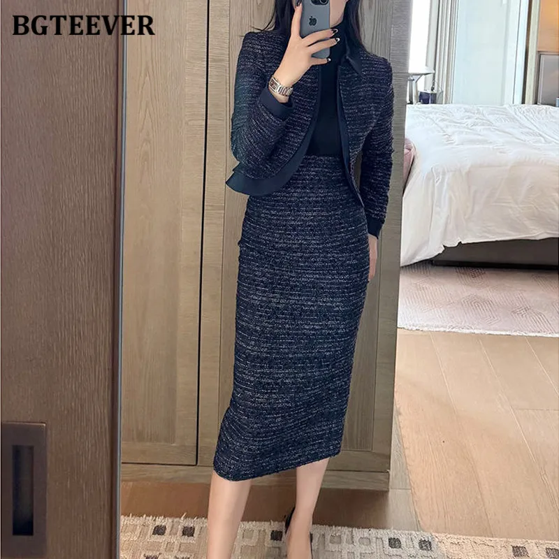 BGTEEVER Elegant Slim Women Skirt Suits Long Sleeve Blazer Coats & Package Hip Skirts Autumn Winter Slim Ladies 2 Pieces Set