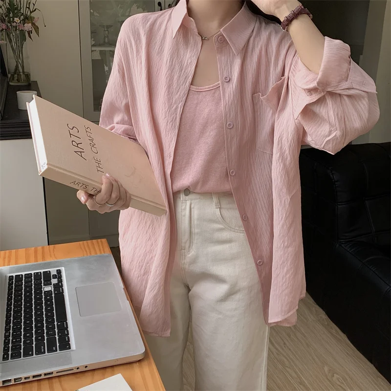 Women Thin Cotton Linen Cool Texture Long Sleeve Sunscreen Shirt Loose Casual Blouse Shirt Oversize Summer 2023