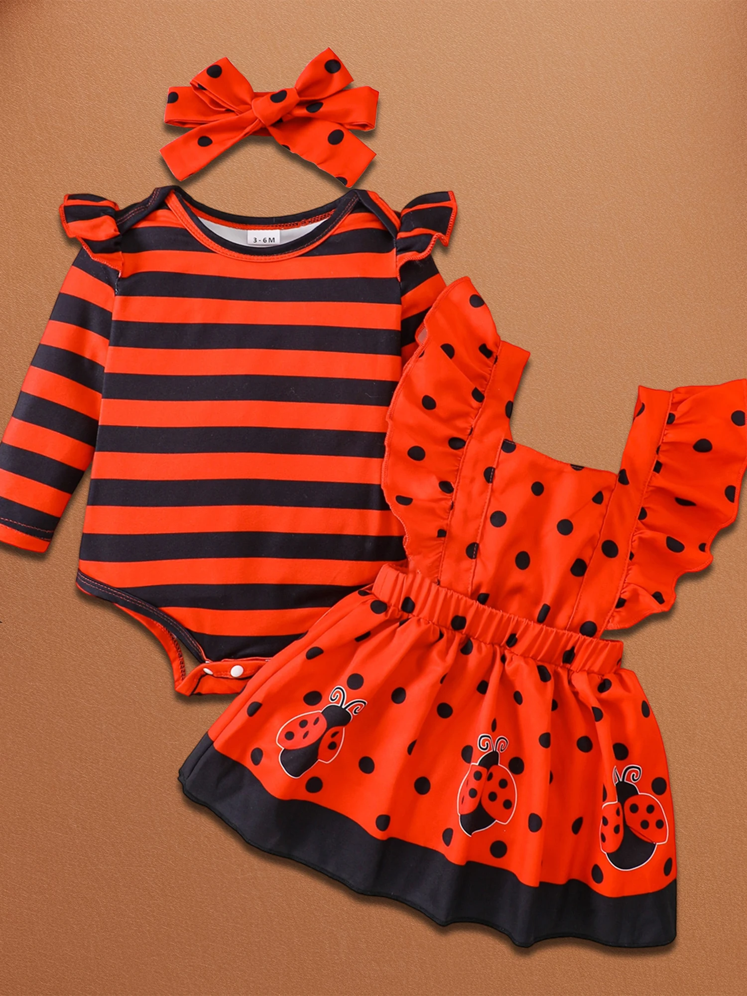

Toddler Girls Fall Clothing Set Flutter Sleeve Romper Ladybug Embroidery Tutu Dress Matching Headband Outfit
