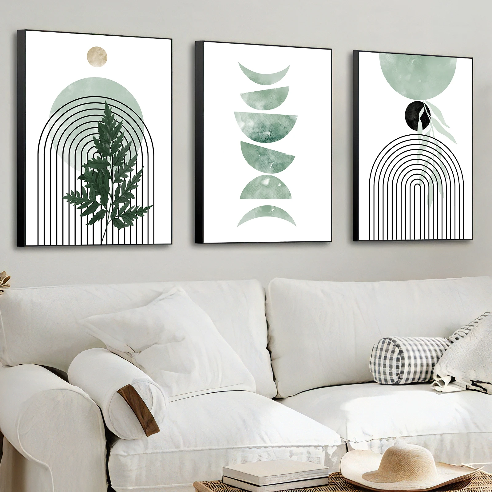 

3PCS/Sets Sage Green Leaf Geometry Line Matisse Abstract Boho Wall Art Canvas Painting Poster HD Posters Home Bar Cafe Decor