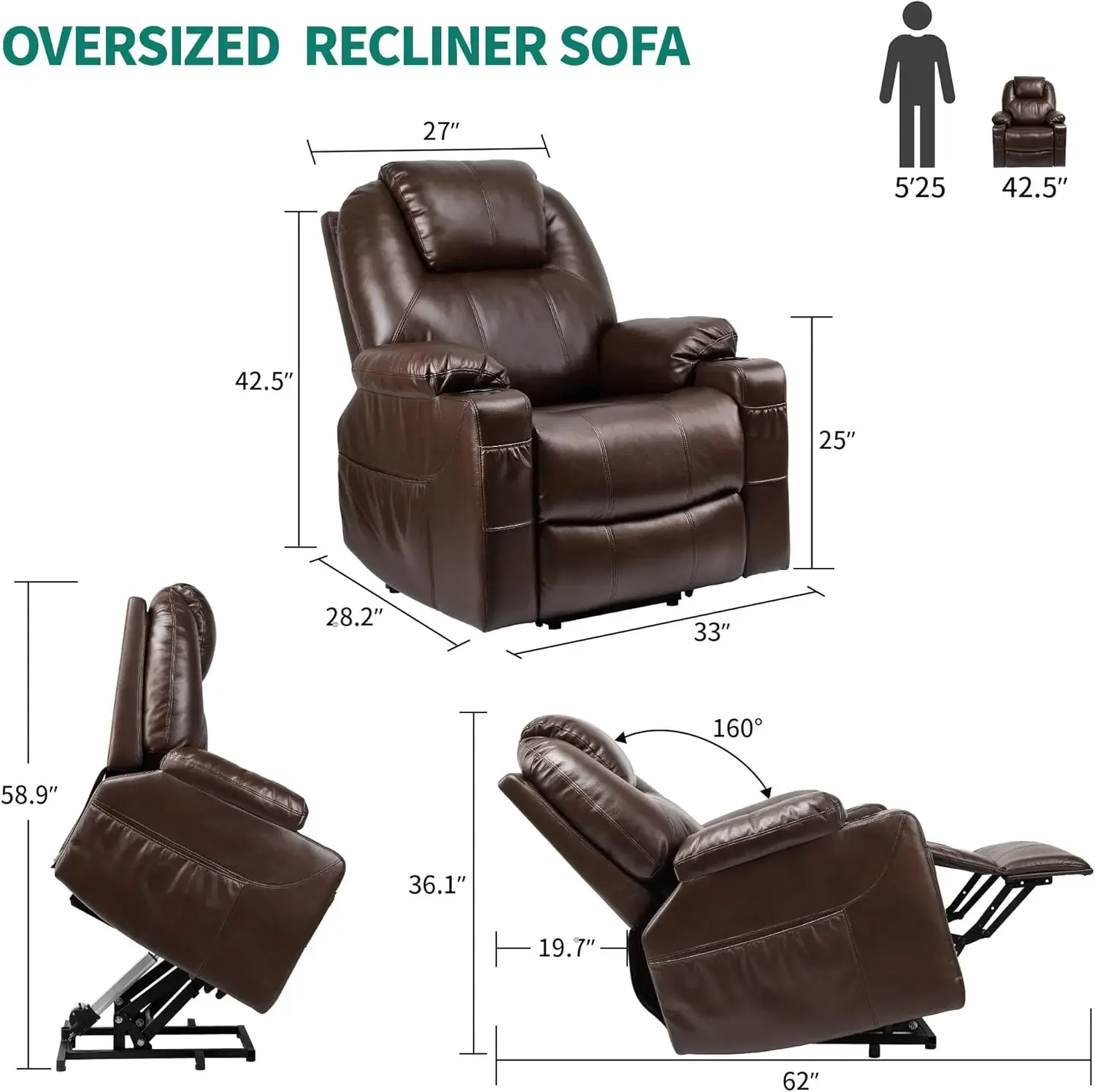 Power Lift Recliner Chair for Elderly, Lift Chair with Heat and Massage, Faux Leather Recliner Chair with 2 Cup Holders