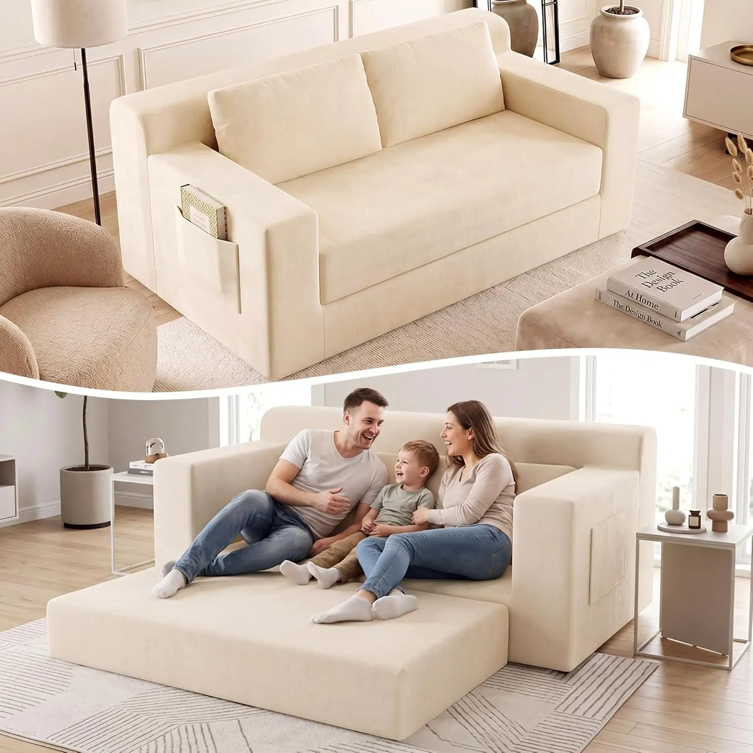 Sofa Loveseat Tanpa Rangka 71 inci, Sofa Bed Lipat 4 in 1 3 Dudukan untuk Ruang Tamu, Sofa Cloud Tanpa Rangka dengan Kantong Penyimpanan & 2 Bantal, Warna Beige