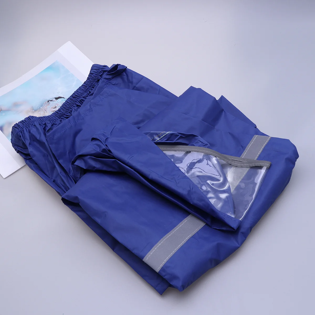 

Motorcycle Rain Suit Set Size L Sapphire Blue Polyester Taffeta Lightweight Waterproof Hooded Raincoat Reflective Strip