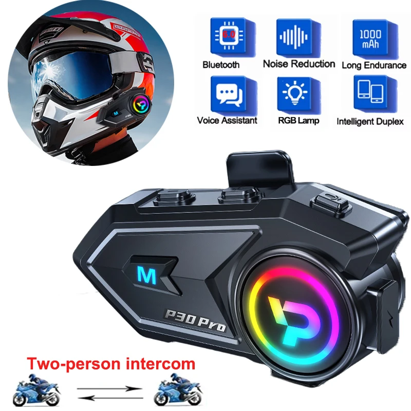 KEBIDUMEI Bluetooth 6.0 Helmet Headset 500M Intercom Support FM with RGB Ambient Light Wireless Handsfree Call For 2 Rider
