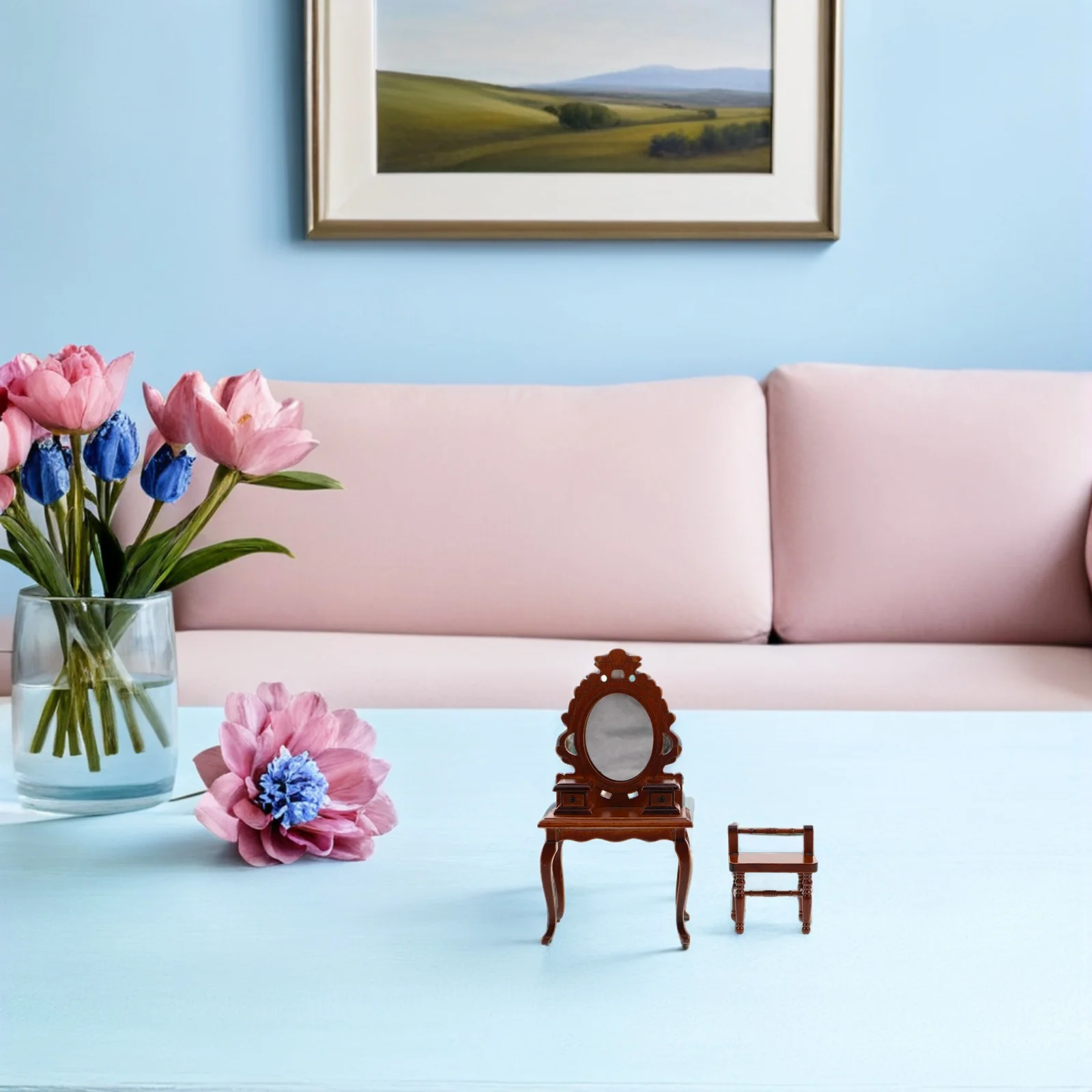 Retro miniatuurmeubilair: 1:12 schaal houten poppenhuis kaptafel set spiegelstoel voor vintage slaapkamer miniatuur