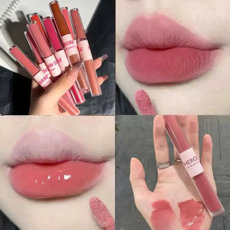 Matte Velvet Double Head Lip Gloss, Sexy Red Tint Líquido Batom, Lipgloss impermeável, Lip Glaze duradouro, Cosméticos de maquiagem coreana