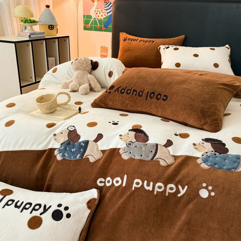 Cartoon new sticker embroidered milk fleece bed four-piece set coral fleece quilt cover bed sheet mattress dormitory three-piece