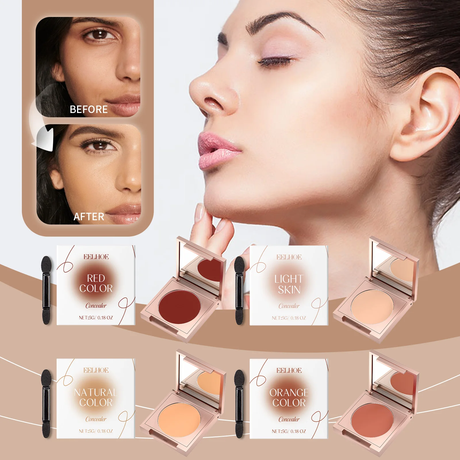 Full Coverage Concealer Long Lasting Waterproof Lightweight Matte Finish Under Eye Dark Circles Blemishes Makeup Brush Set