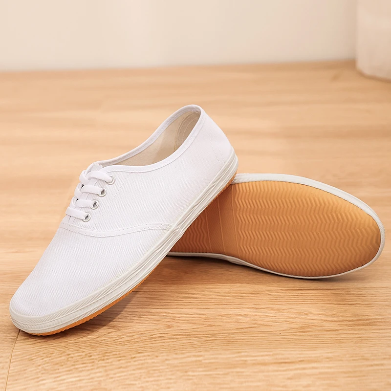 White Canvas Shoes Men's Martial Arts Gymnastics Performance Shoes Lightweight Flat Rubber Sole Low Cut Casual Footwear