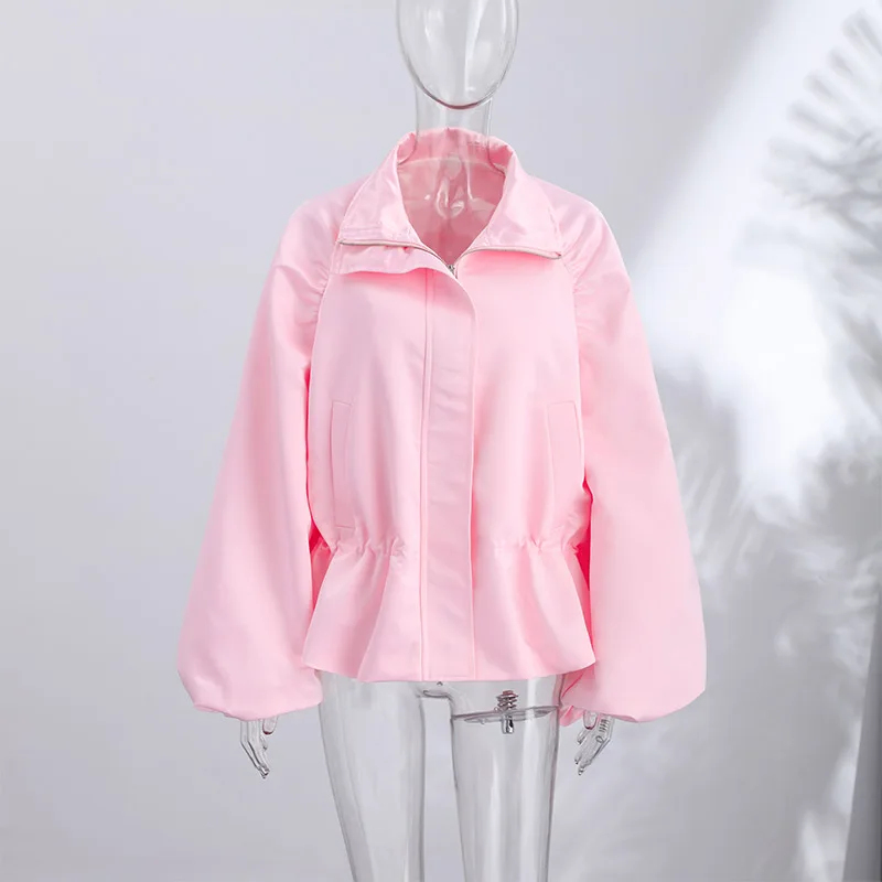 Übergroße, taillenbetonte, glänzende Oberflächenmäntel für Damen, Street-Style, Stehkragen, Laternenärmel, einfarbige, lockere Jacken, schicke Oberbekleidung – Detail 5