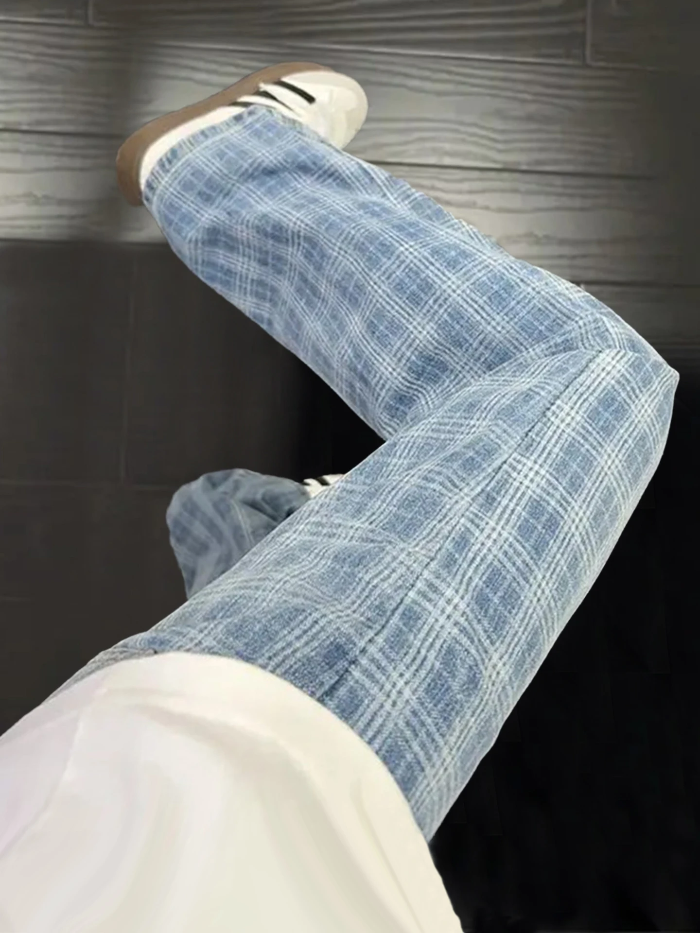 

High Waist Plaid Drawstring Loose Men's Jeans American High Street Trend Youth Casual Straight Leg Denim Pants
