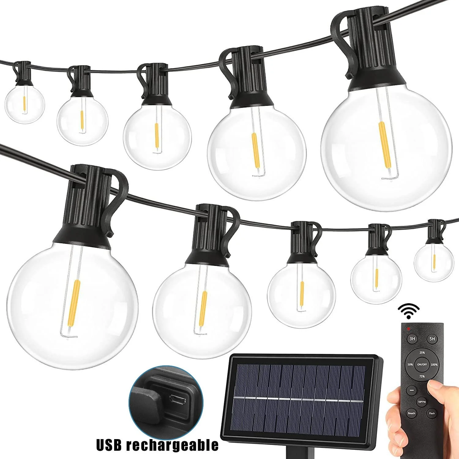 Solar Led Light Garland Outdoor G40 Shatterproof Bulbs Luces Led USB Fairy Lights For Garden Street Wedding Decor Dimming Remote