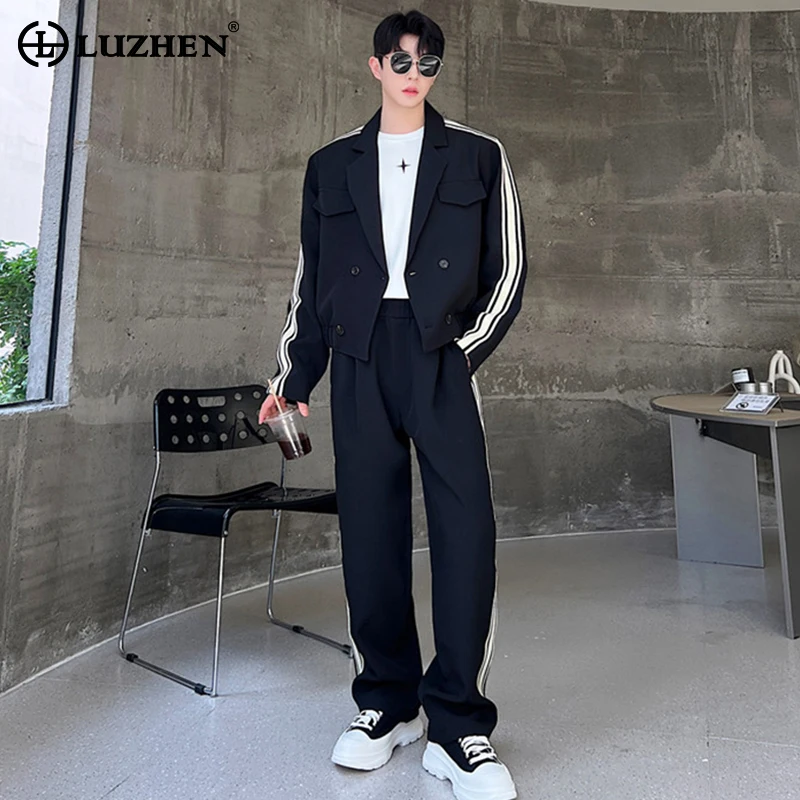 LUZHEN Fashion Color Contrast Stripe Patchwork Design Two-piece Sets Men's Street Stylish 2024 New Straight Pants Jacket LZ1563