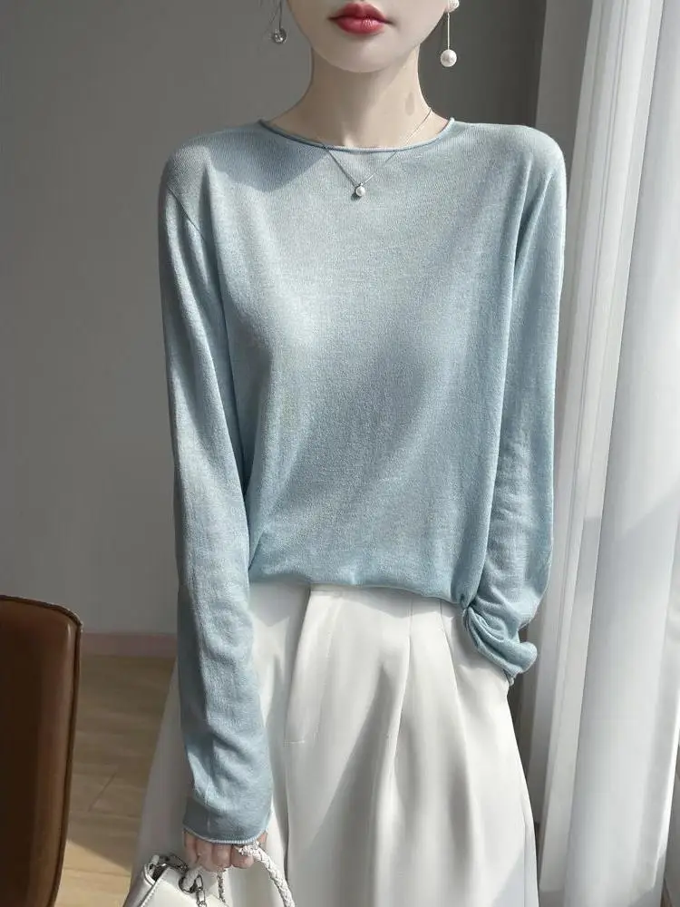 Ultra-Thin Woolen Knitted Blue T-Shirt Women's Pure Color round Neck Long Sleeve Simple Versatile Top Thin Style Casual Wear