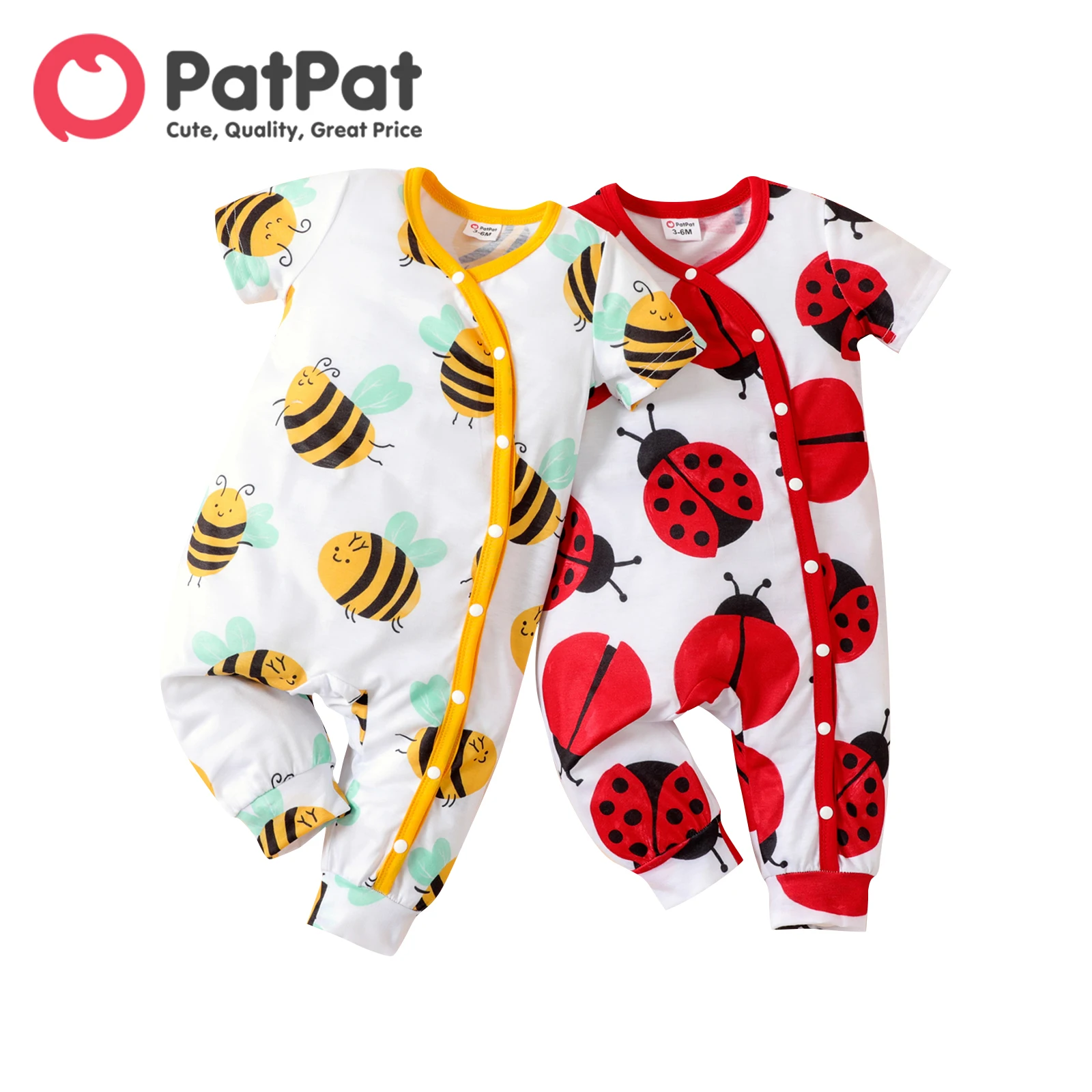 PatPat Baby Girl Allover Bee/Ladybug Print Short-sleeve Snap Jumpsuit