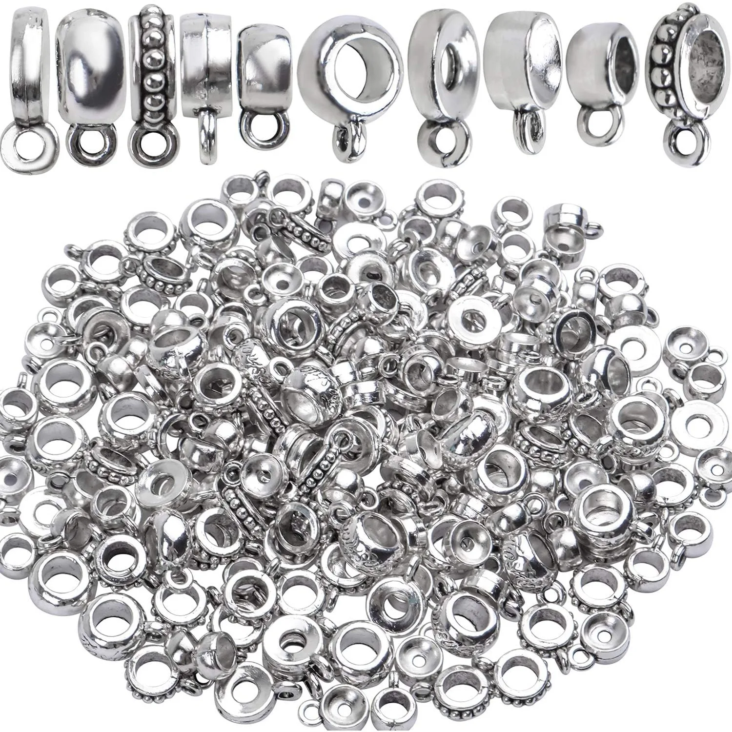 

100g (About 100-150pcs) Tibetan Silver Bail Beads Jewelry Connector Bails Beads for Necklace Bracelet Jewelry Making,5 Styles