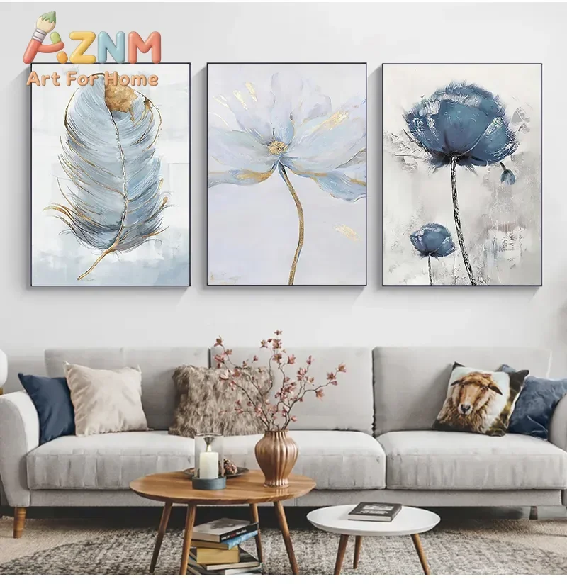 Nordic Modern Aesthetics Wall Art Blue Feather Flower Abstract Oil Poster and Print Home Bedroom Living Room Decoration Gift