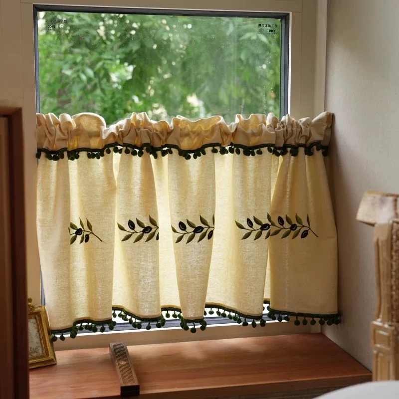 Cotton Line Half Short Curtains for Kitchen Vintage Leaves Half Curtains Rustic Coffee Window Valance Cotton Curtain