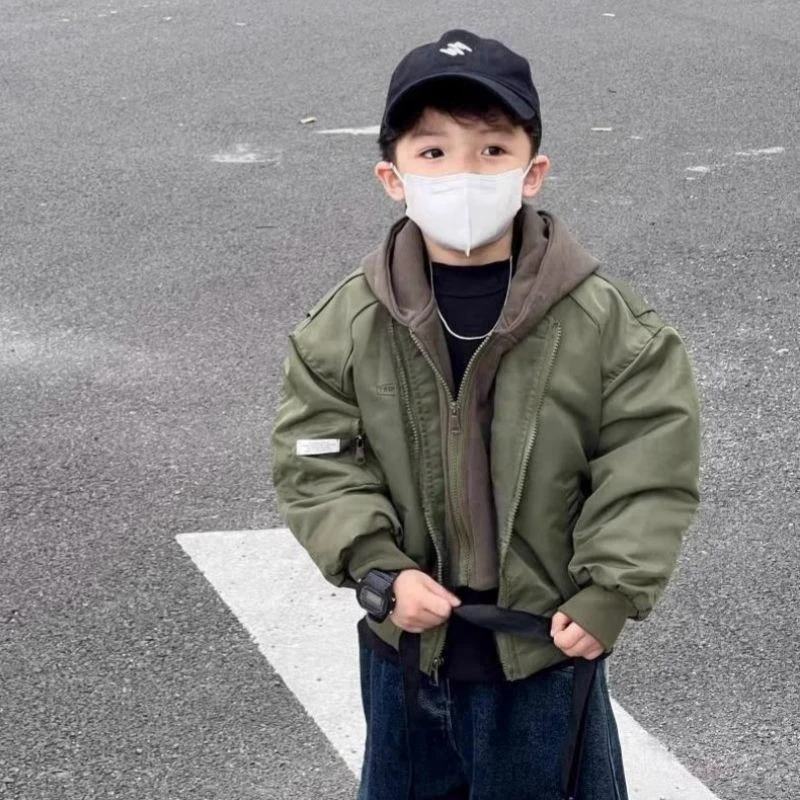 2026 Spring New Boys Hooded Baseball Jacket Fashion Korean Style Kids Varsity Coat Casual Zip-Up Outerwear for Boys