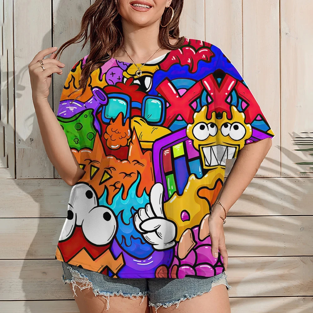 2023 Plus Size Women Tshirt Fun Graffiti Print Female Clothing Fashion Summer Short Sleeve Top Casual O-Neck Tee Ladies Pullover