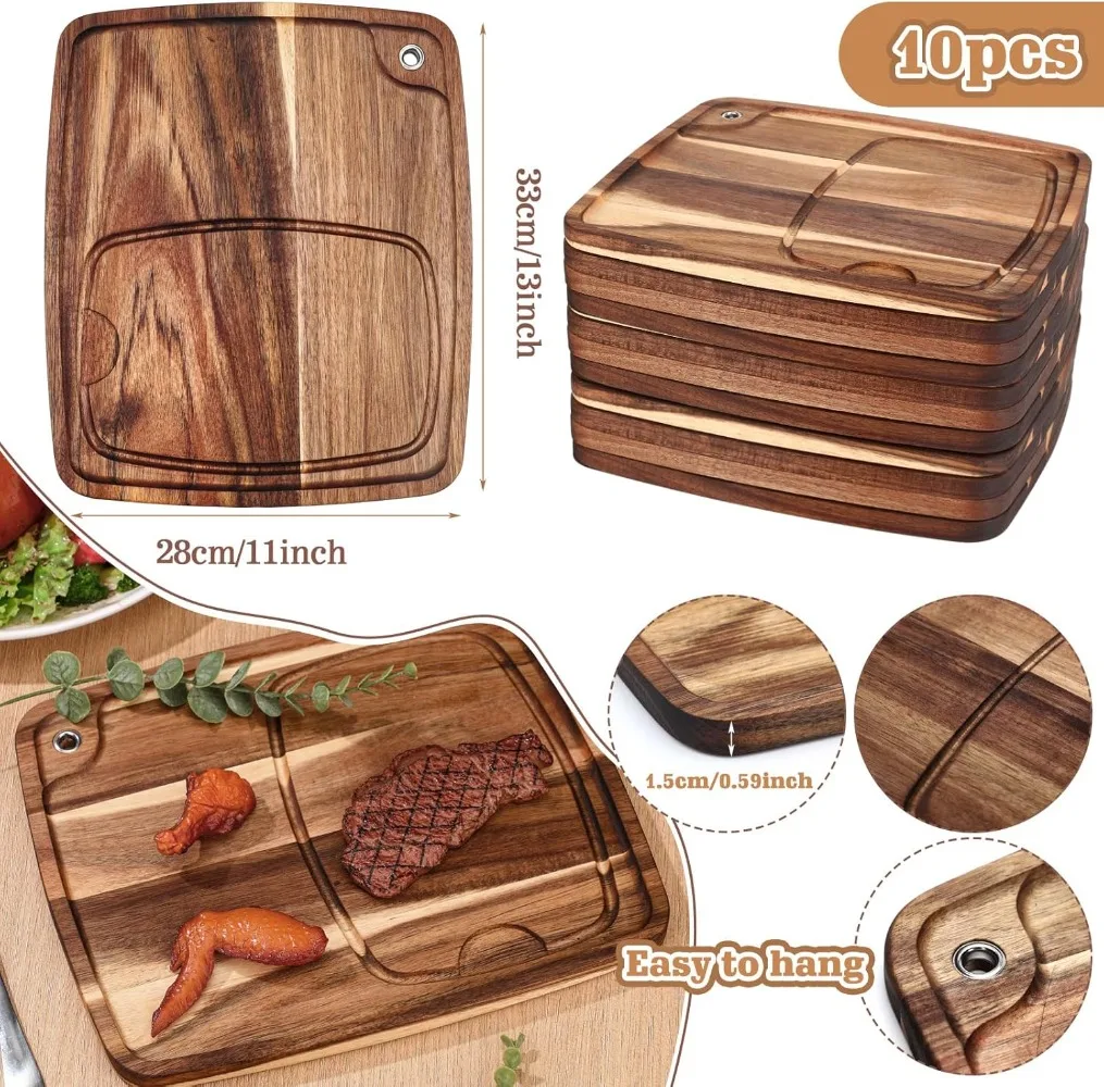 Uiifan 10 Pcs Steak Plates with Juice Channel Wooden Steak Board Set Steak Plates Acacia Wood Cutting Board Wood Serving Board