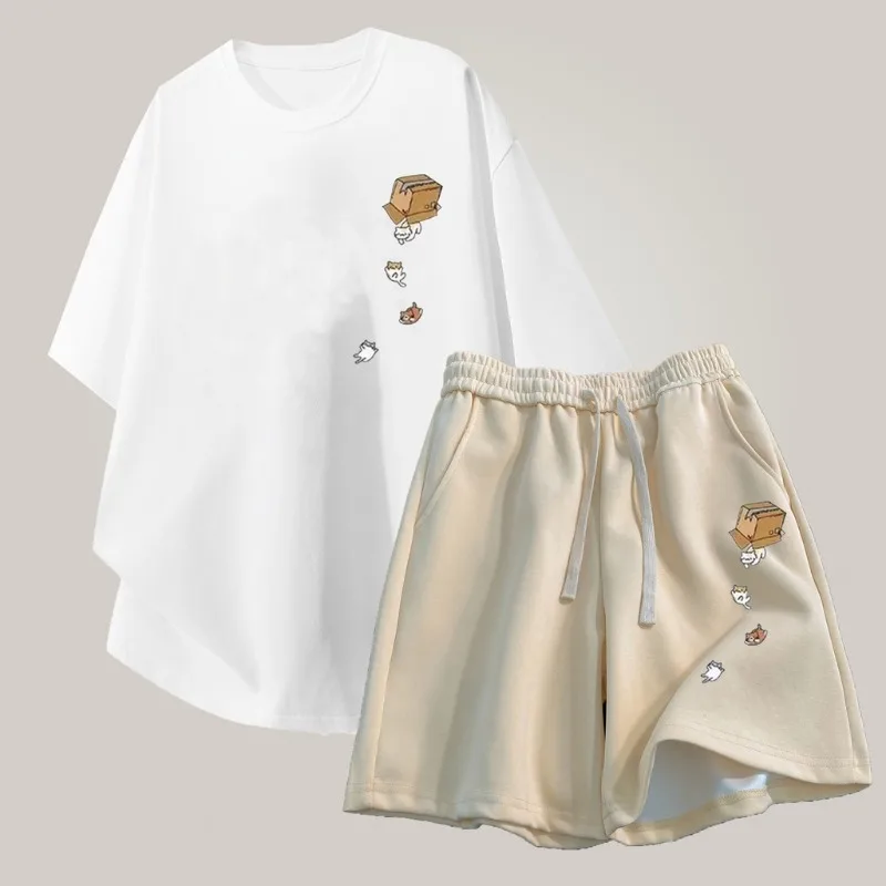 

【 M-8XL 】 Свободный комплект большого размера, повседневный стиль, бумажная коробка, футболка с принтом кота, шорты на шнурке, унисекс, повседневный стиль для пар