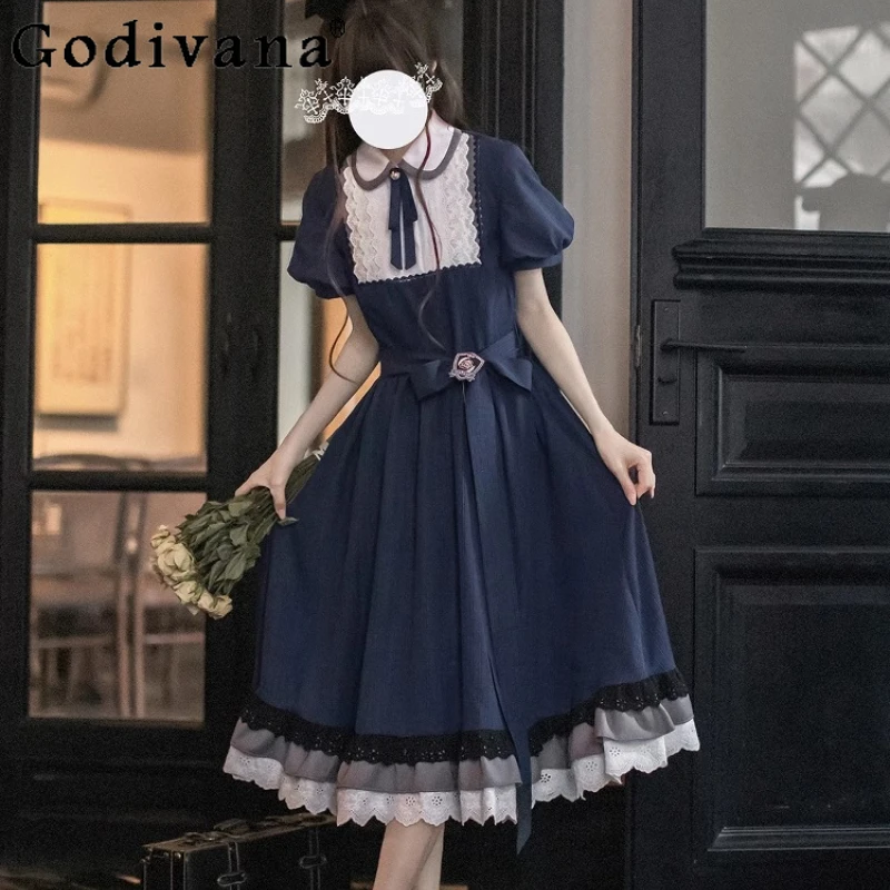 الربيع الصيف الحلو لوليتا فستان السيدات الأصلي الأنيق الرجعية الأزرق الداكن فستان الأميرة المرأة الصيف فستان قصير الأكمام