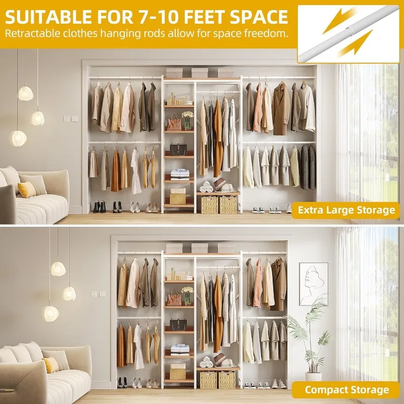 Closet Organizer System, Adjustable Heavy Duty Garment Rack, Walk In Closet System With Long Hanging Area, 4 Expandable Hanger