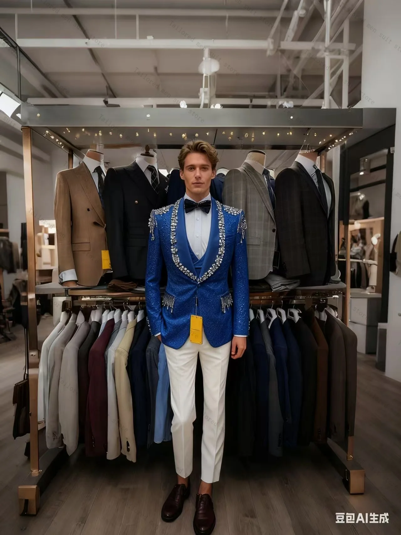 White Crystals Men Suits Set 2 Pieces Blazer+Pants Trousers Groom Wedding Tuxedos Jacket Formal Office Cotton Customized Coat