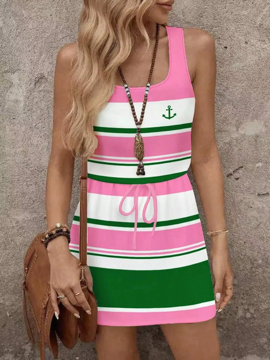 Women's Spring and Summer Striped Printed Fashionable Sleeveless Dress