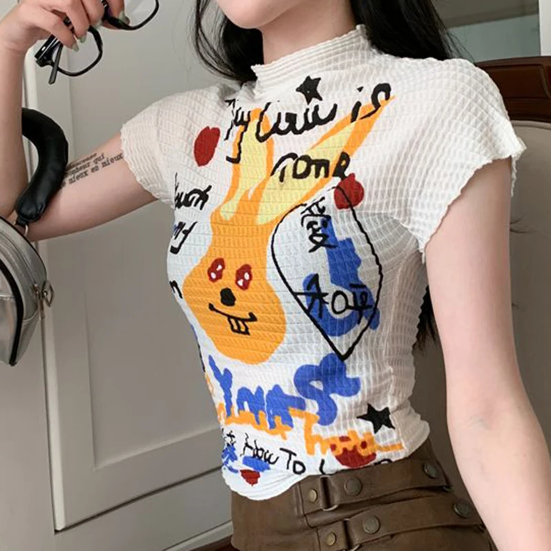 Printed Atmosphere Short Sleeve Top Women's Summer Hong Kong Style Retro Graffiti T-shirt Trend  harajuku  vintage